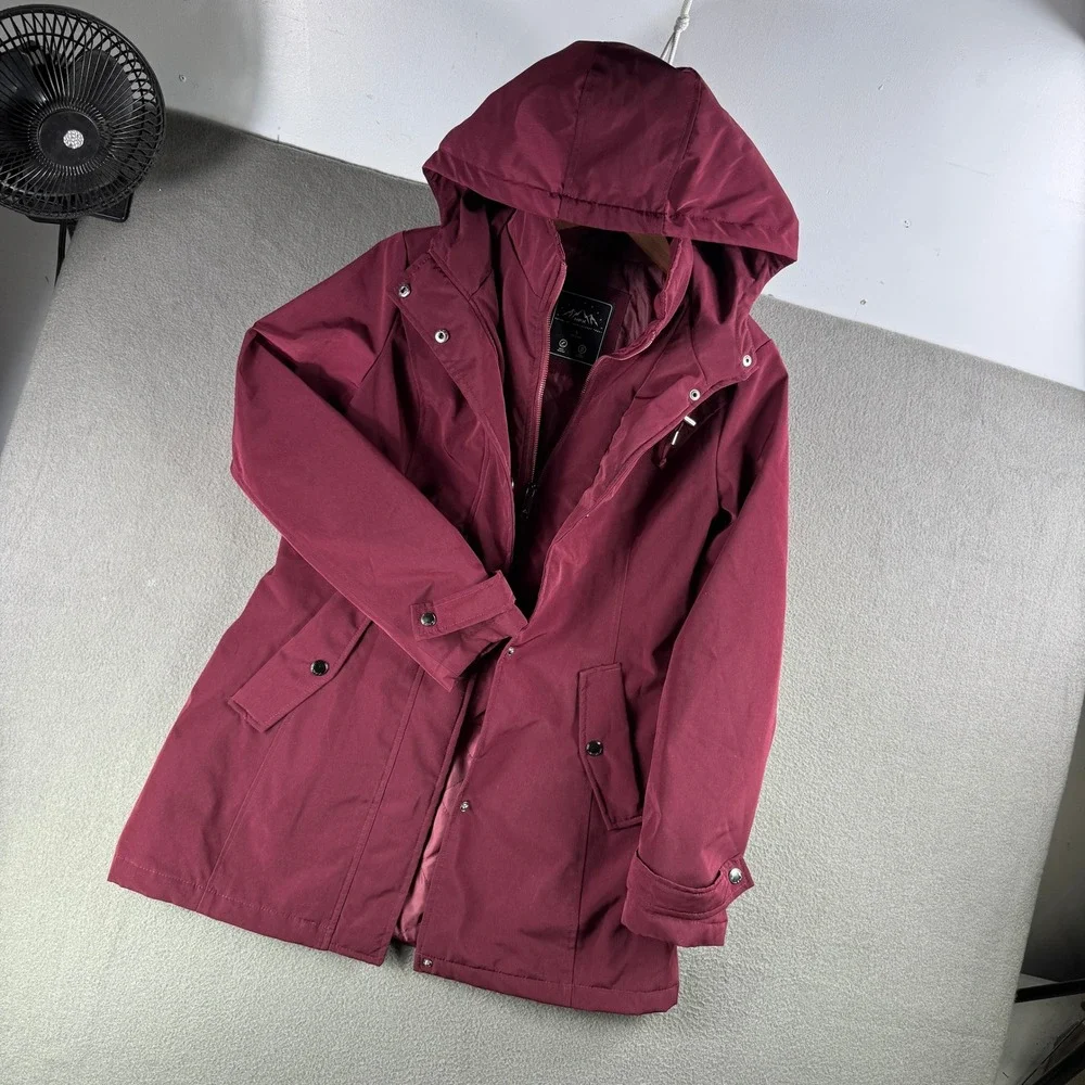 HFX Hooded Raincoat Women S Water Wind Resistant Burgundy Jacket‎ Zip Button